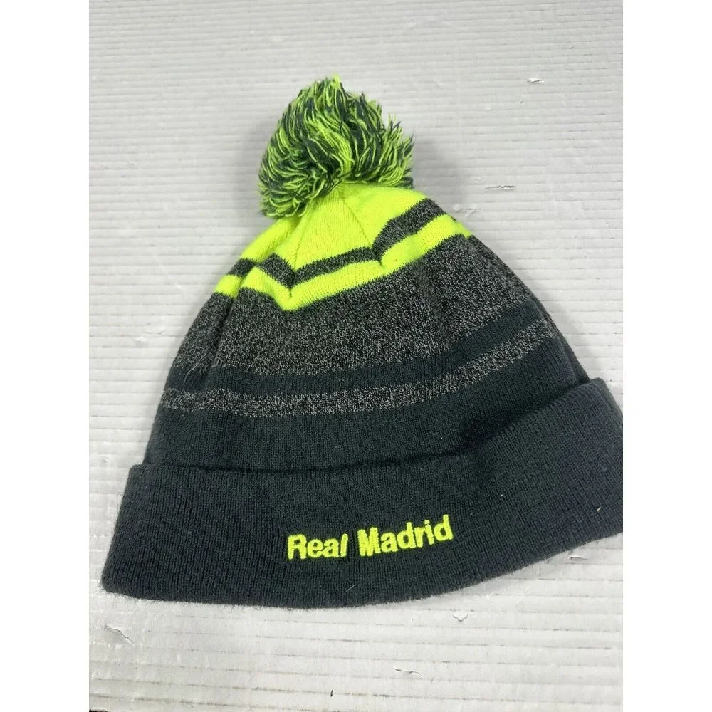 Real Madrid Beanie‎ Soccer Sports POM Cap Hat Gray and Neon Yellow New